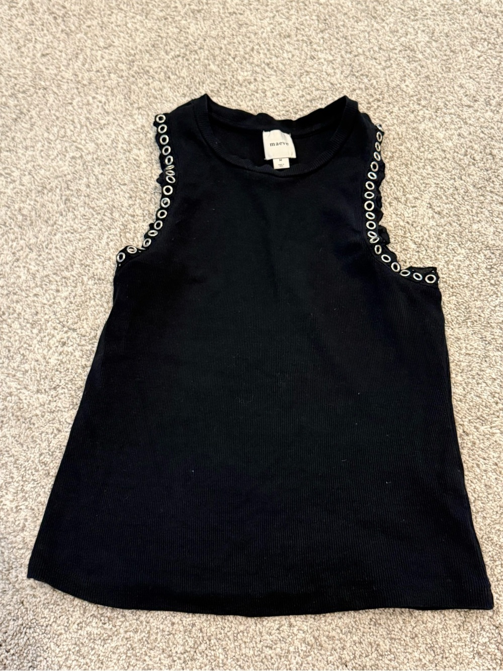 Maeve Black Ribbed Tank with Eyelet Trim